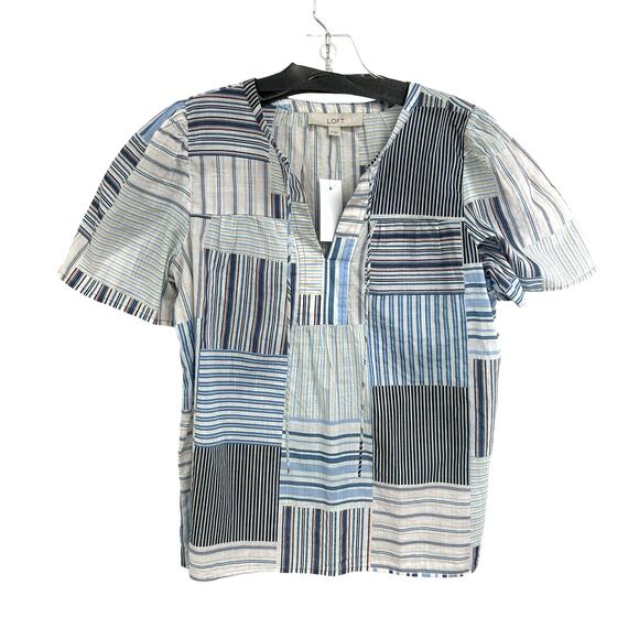 NWT LOFT Laguna Blue Multicolor Striped Patchwork Tie Neck Short Sleeve Top XS - Picture 2 of 5